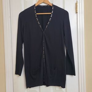 Elie Tahari Silk Cashmere Snap Up Longline Cardigan Sweater Black Size XS / S